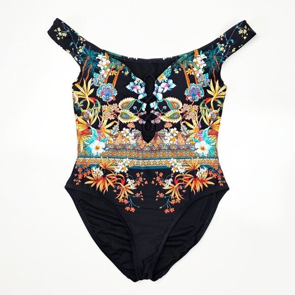 Kenneth Cole New York Other - Kenneth Cole Off Shoulder Floral Tropical Stripe One Piece Swim Suit NEW - L